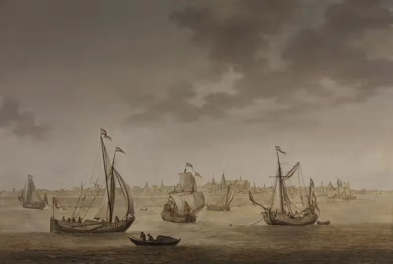 A three-masted sailing ship and other shipping before Gouda — Christoffel Pierson
