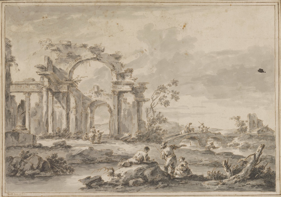 Ruins and Bridge by Giuseppe Zais, 1784 — digital art print download