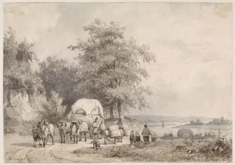 Пейзаж с сенокосной телегой by Пьер Луи Дюбурк, 1836 — digital art print download