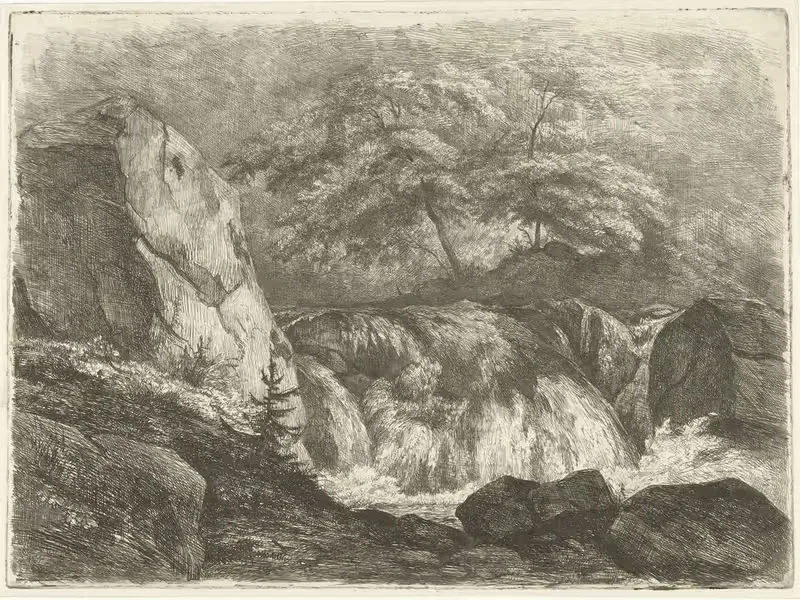 Красный пейзаж с водопадом by Пьер Луи Дюбурк, 1830-1858 — digital art print download
