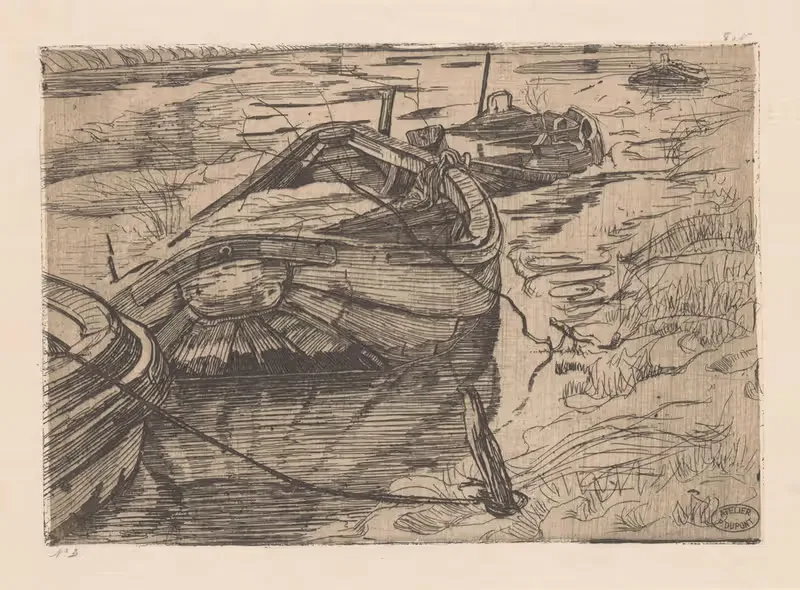 Afgemeerde roeiboten in een sloot — Pieter Dupont