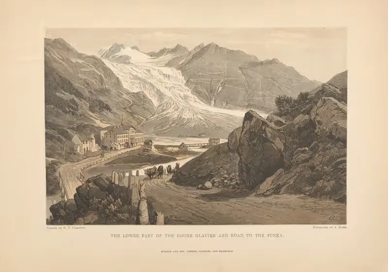 E. T. Compton – The Lower Part of the Rhone Glacier and Road to Furka — Theodor Gsell Fels