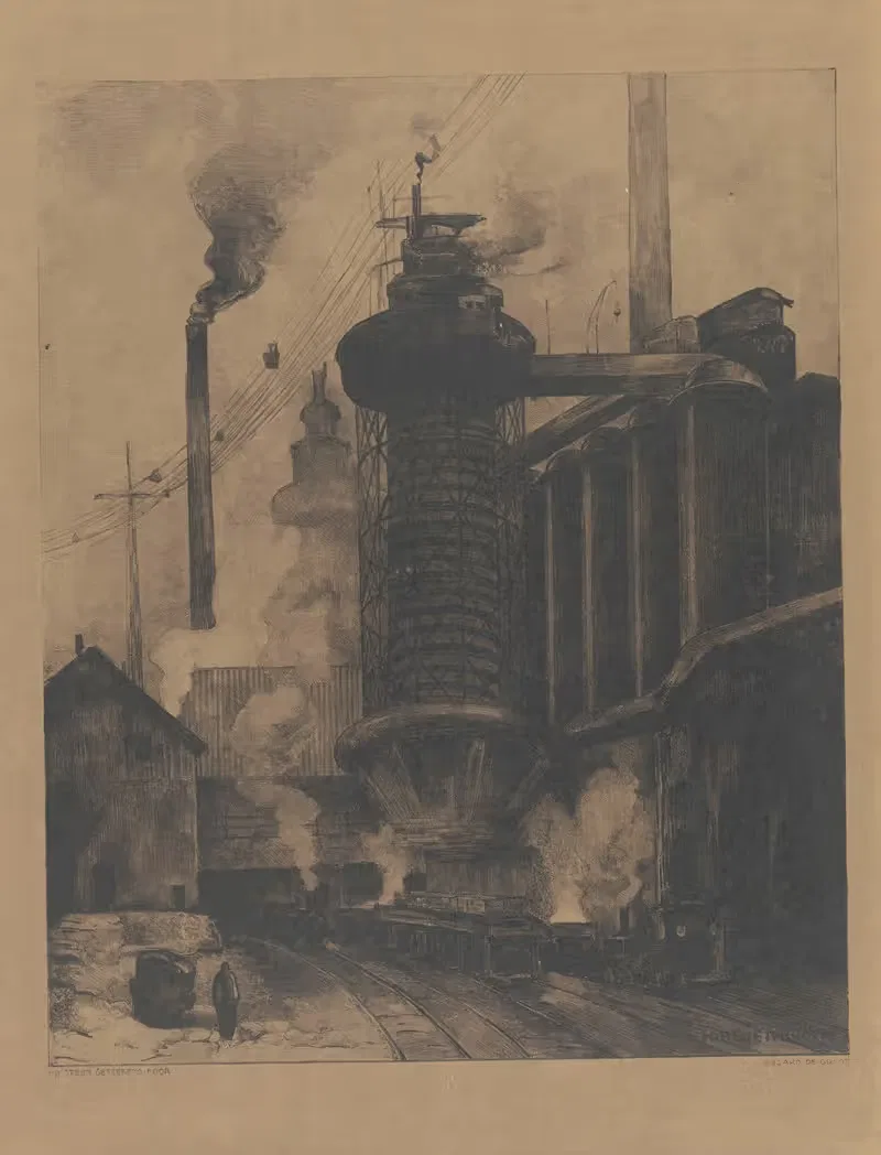 Railway line with train passing a large factory building — Edzard de Groot