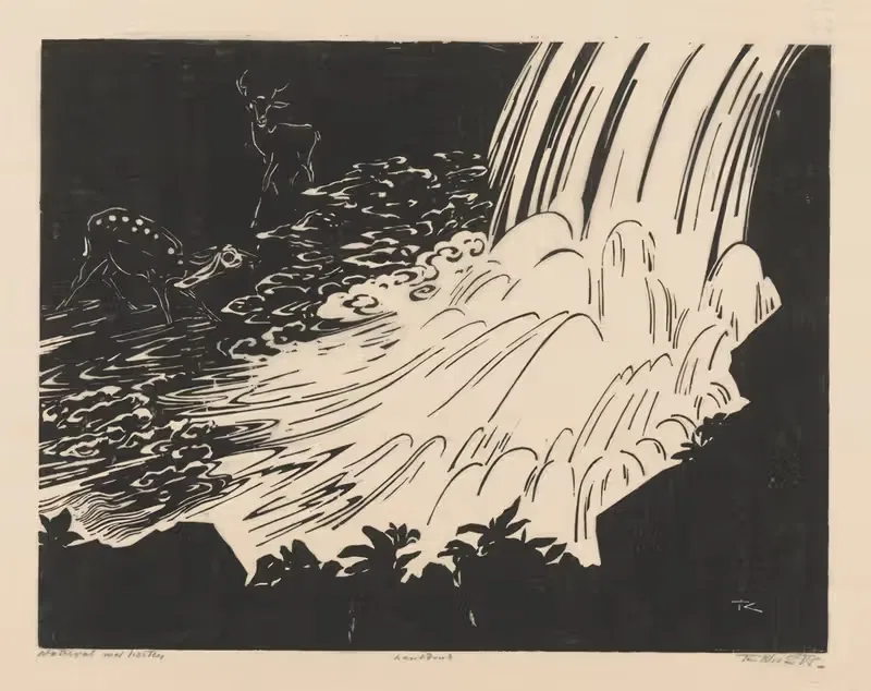 Водопад с оленями by Иоганнес Фредерик Энгельберт тен Клоостер, 1925 — digital art print download
