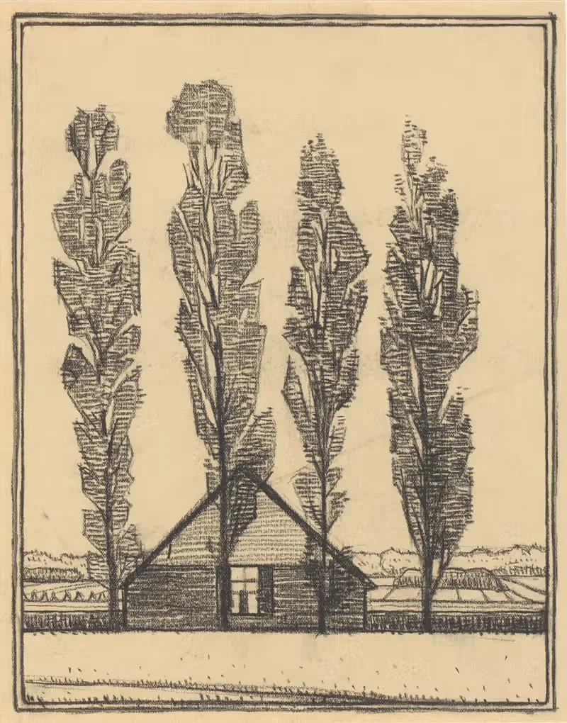 Four poplars in front of a house — Julie de Graag