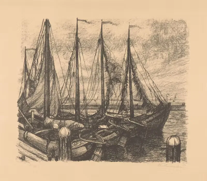 Afgemeerde vissersschepen in een haven — Otto Hanrath