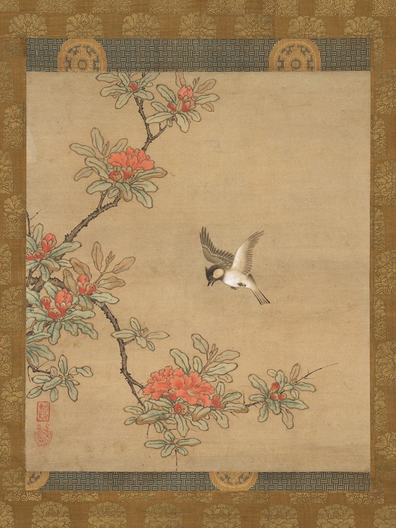 Titmouse with Pomegranate Flowers by Kano Yukinobu — digital art print download