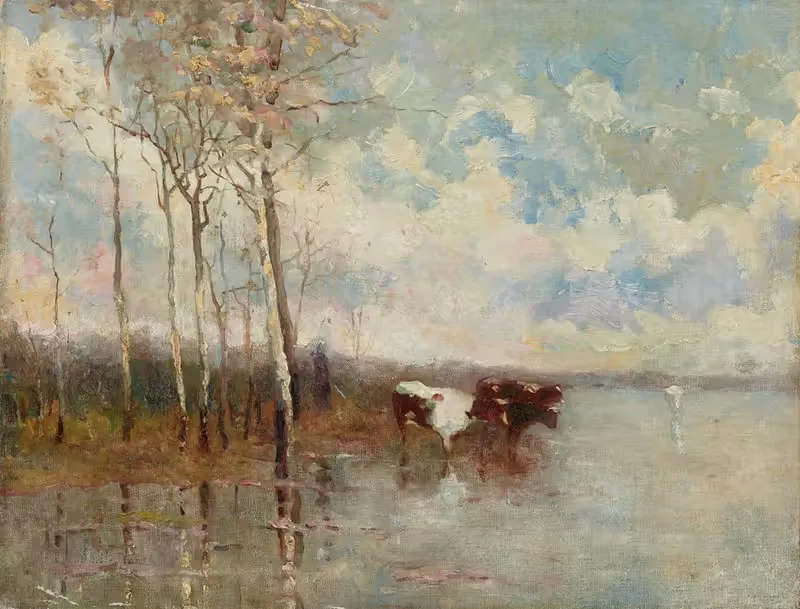 Landscape with cows and birch trees by the river — Emile Claus