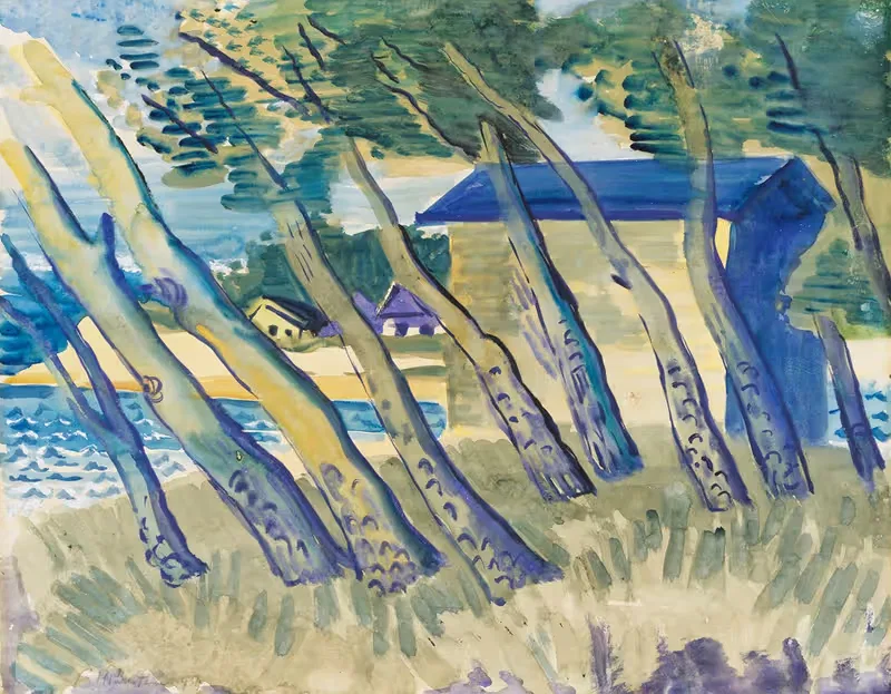 Lakeshore with Trees and Houses — Hermann Max Pechstein