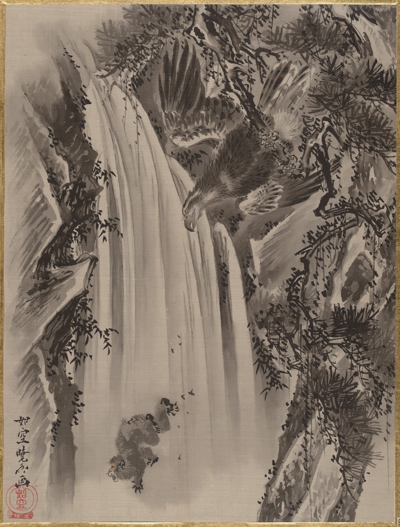 Waterfall, Eagle and Monkey by Каванабэ Кёсай — digital art print download