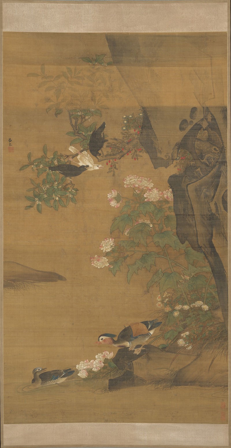 Mandarin ducks and cotton rose hibiscus — Lü Ji