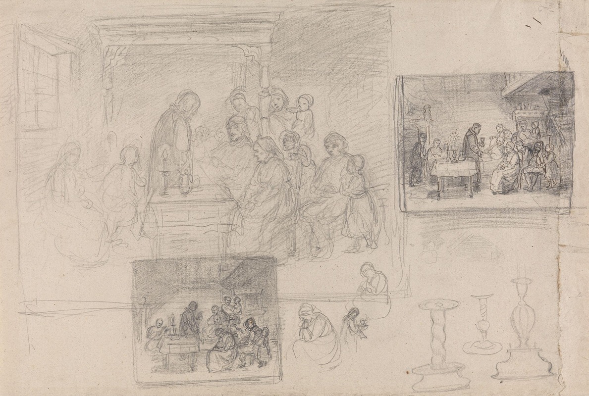 Figurer i interiør; prest ved sykeseng — Adolph Tidemand
