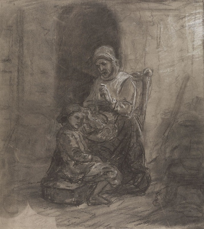 Gammel kone og liten gutt i interiør — Adolph Tidemand