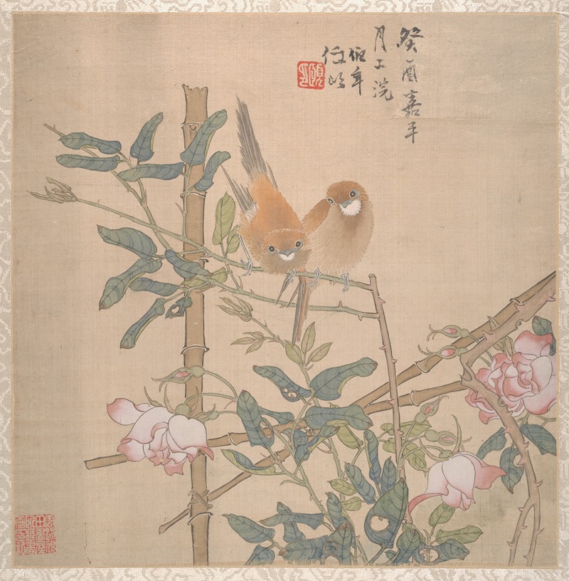 Two Birds Perched on a Flowering Rose Bush — Жэнь И