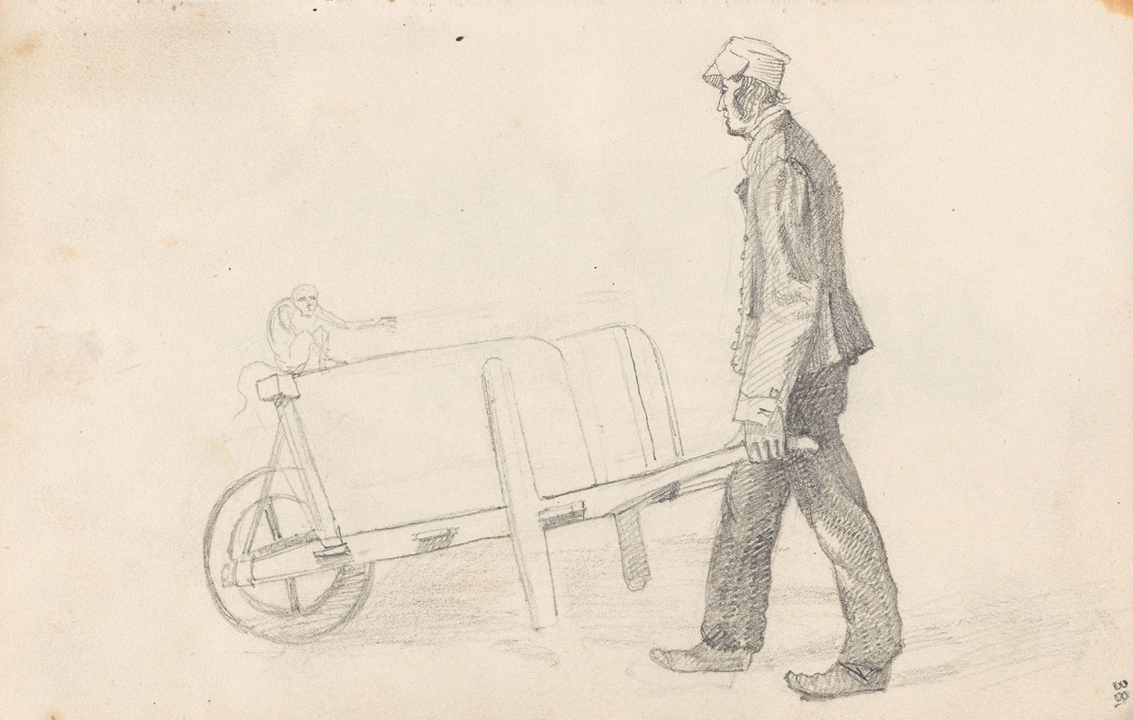 Mann med et trillebår og en ape — Adolph Tidemand