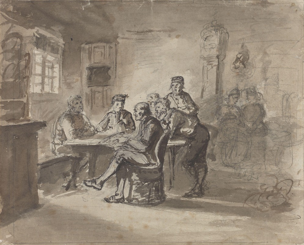 Menn i samtale rundt bord i bondestue — Adolph Tidemand