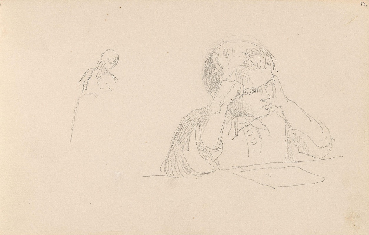Riss av kvinnefigur; lesende gutt — Adolph Tidemand