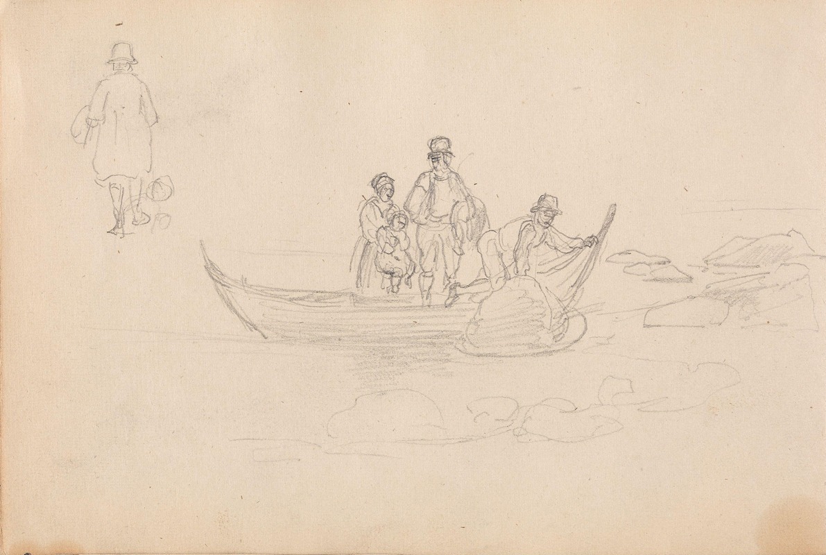 Ryggvendt mannsfigur; figurer i båt — Adolph Tidemand