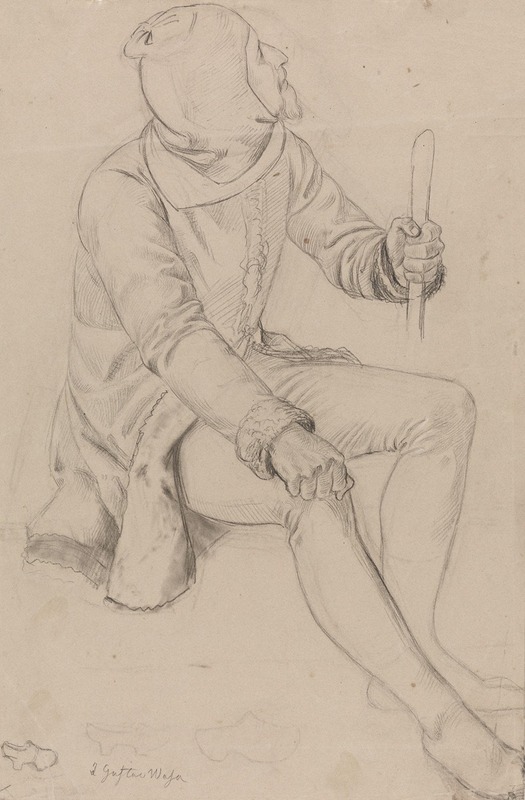 Sitting man with hood and staff — Adolph Tidemand