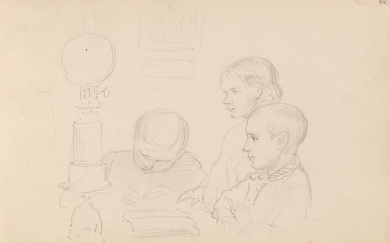 Three children by a kerosene lamp by Адольф Тидеманд — digital art print download