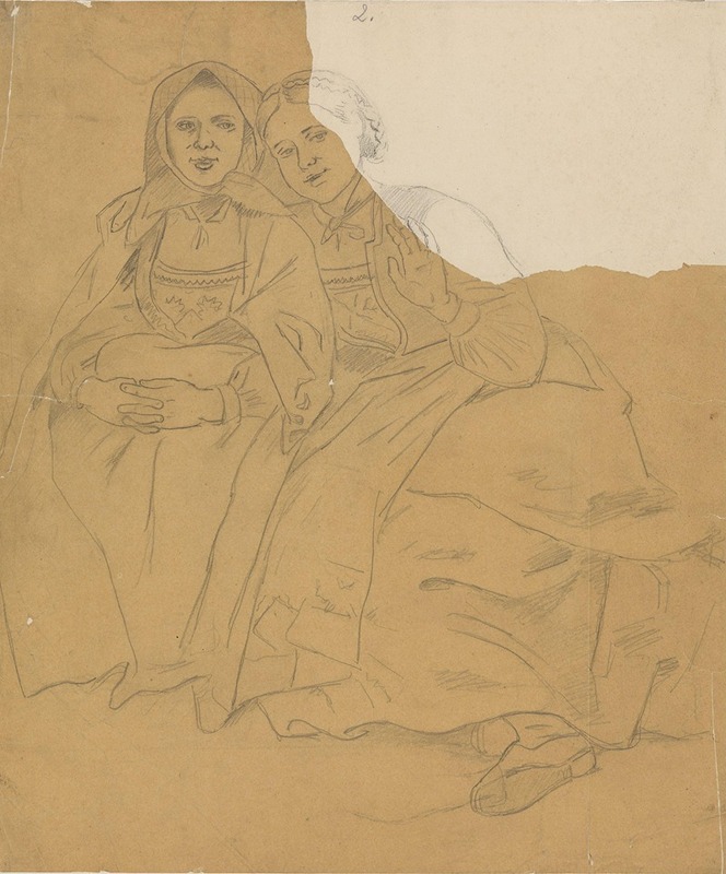 To sittende bunadskledde jenter by Адольф Тидеманд, 1869 — digital art print download