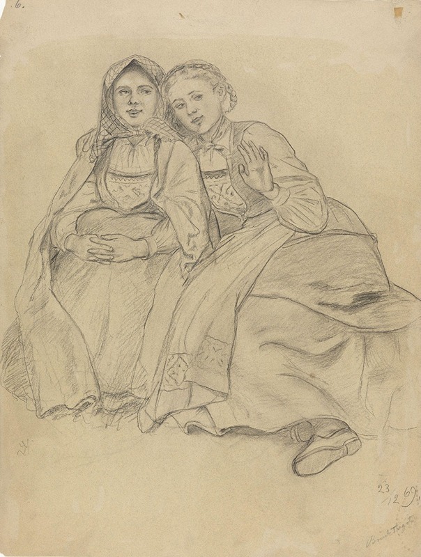 To sittende bunadskledde jenter by Адольф Тидеманд, 1869 — digital art print download