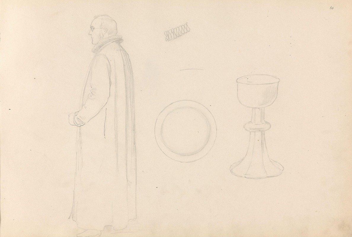 Vilhelm Birkedal i prestekappe; disk og kalk — Adolph Tidemand
