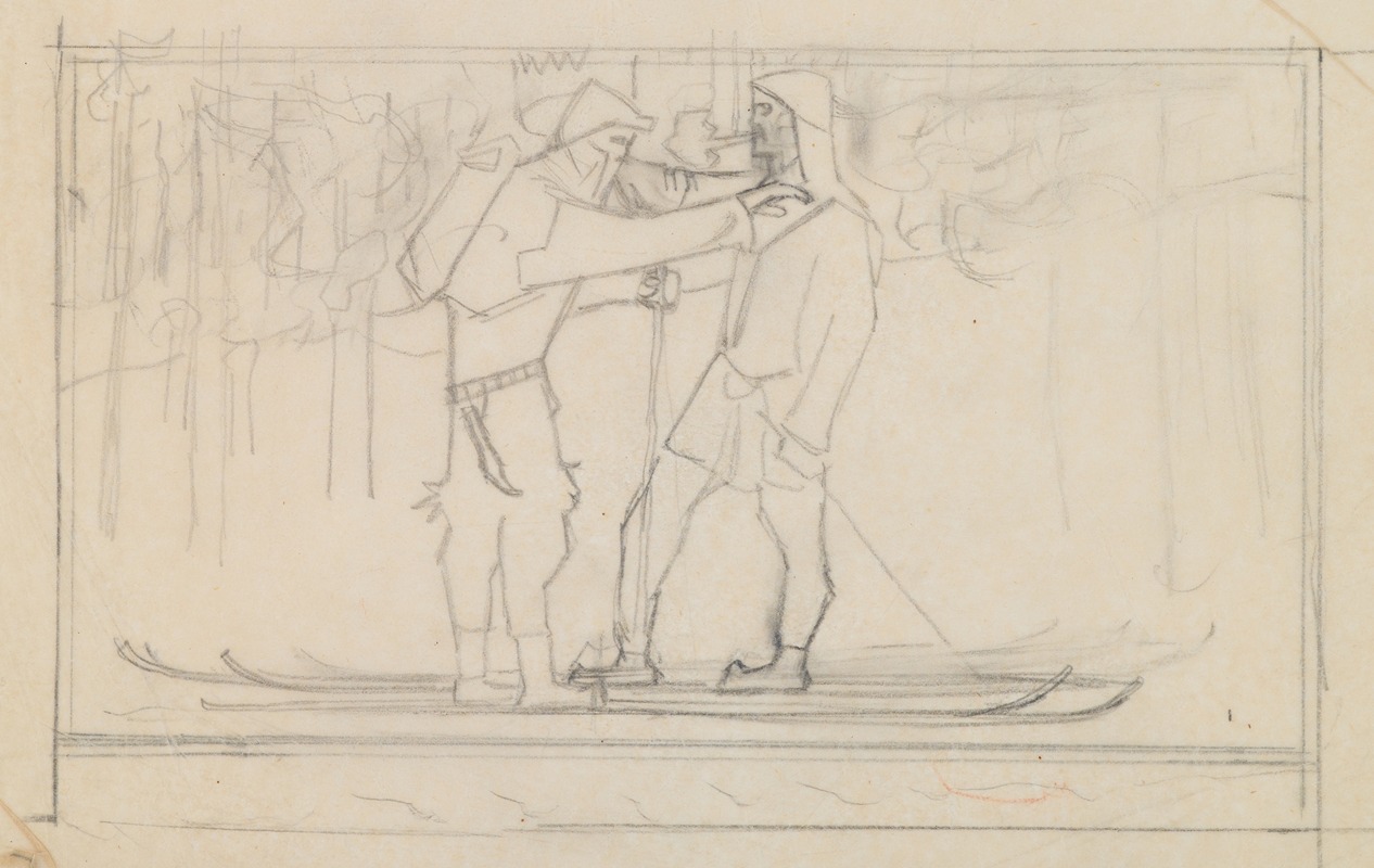 The Great Kalevala, sketch. Skiers. — Akseli Gallen-Kallela