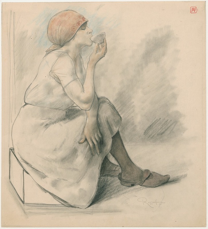 Sitting girl, drinking from a bowl — Armand Rassenfosse