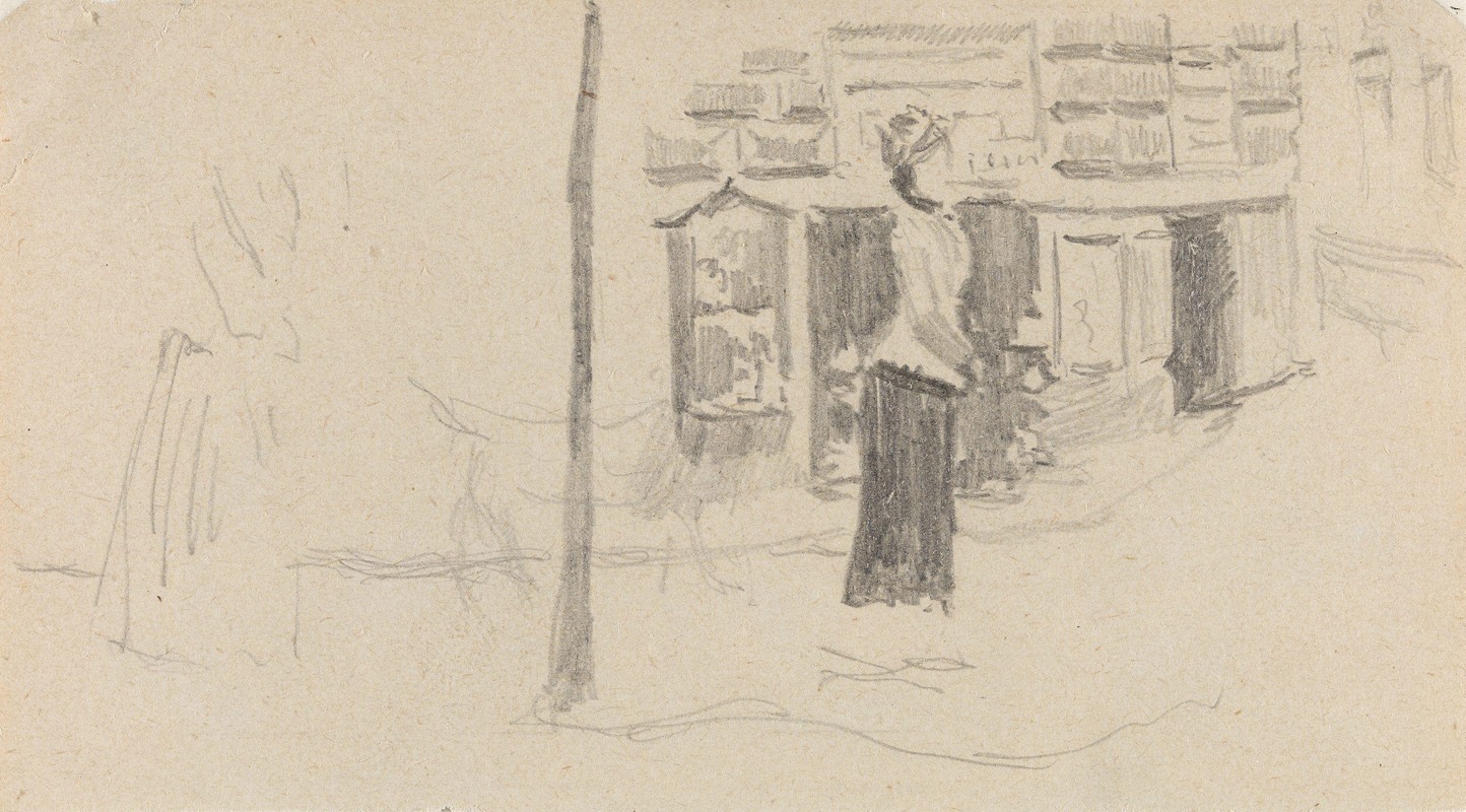 Riss av kvinne med kø i bygate — Christian Krohg