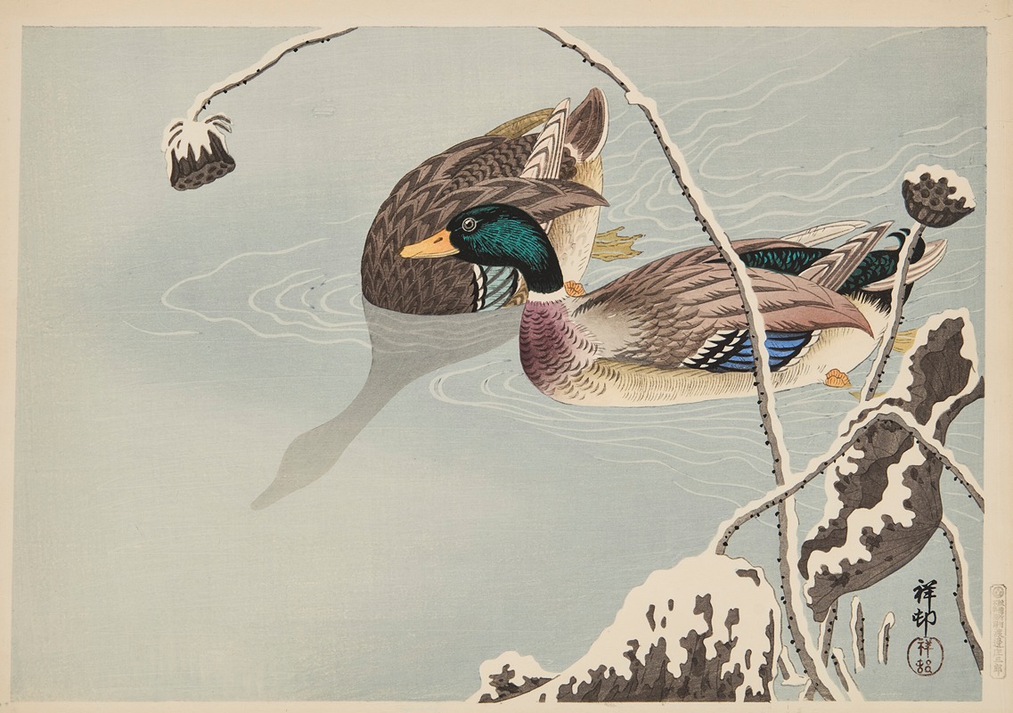 Mallards and lotus under snow by Охара Косон — digital art print download
