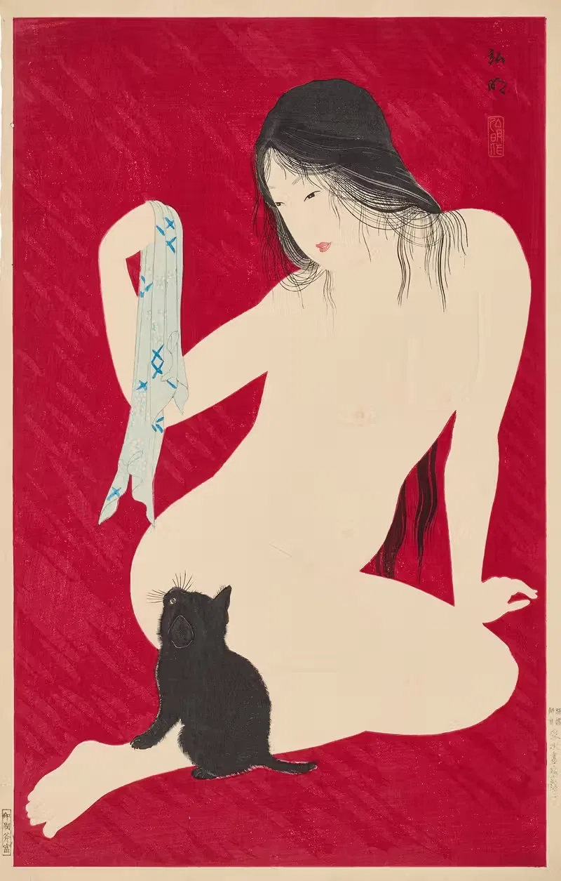 Nude playing with a cat by Takahashi Hiroaki — digital art print download