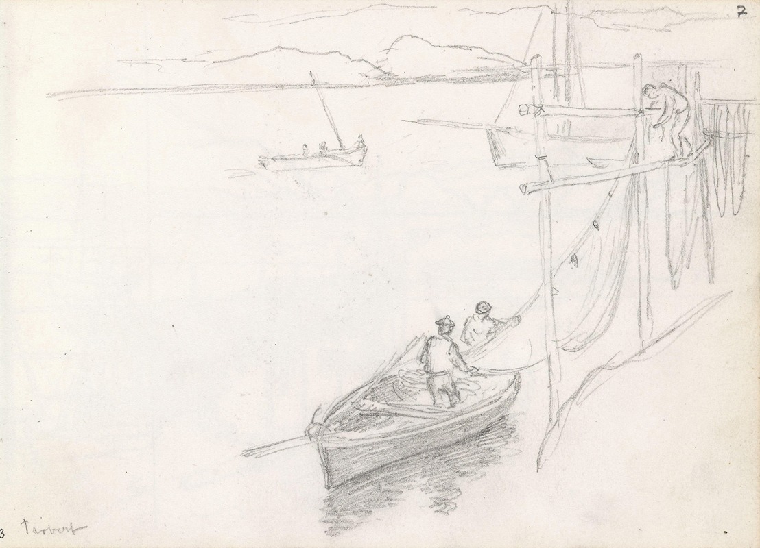 Fishing boat by shore, Tarbert — Hans Gude