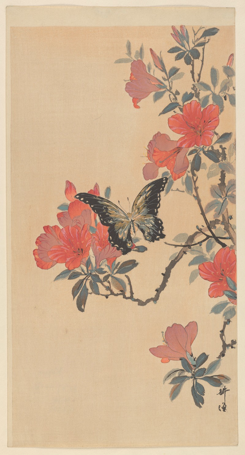 Red Azalea Flowers and a Butterfly — Tsukioka Kogyo