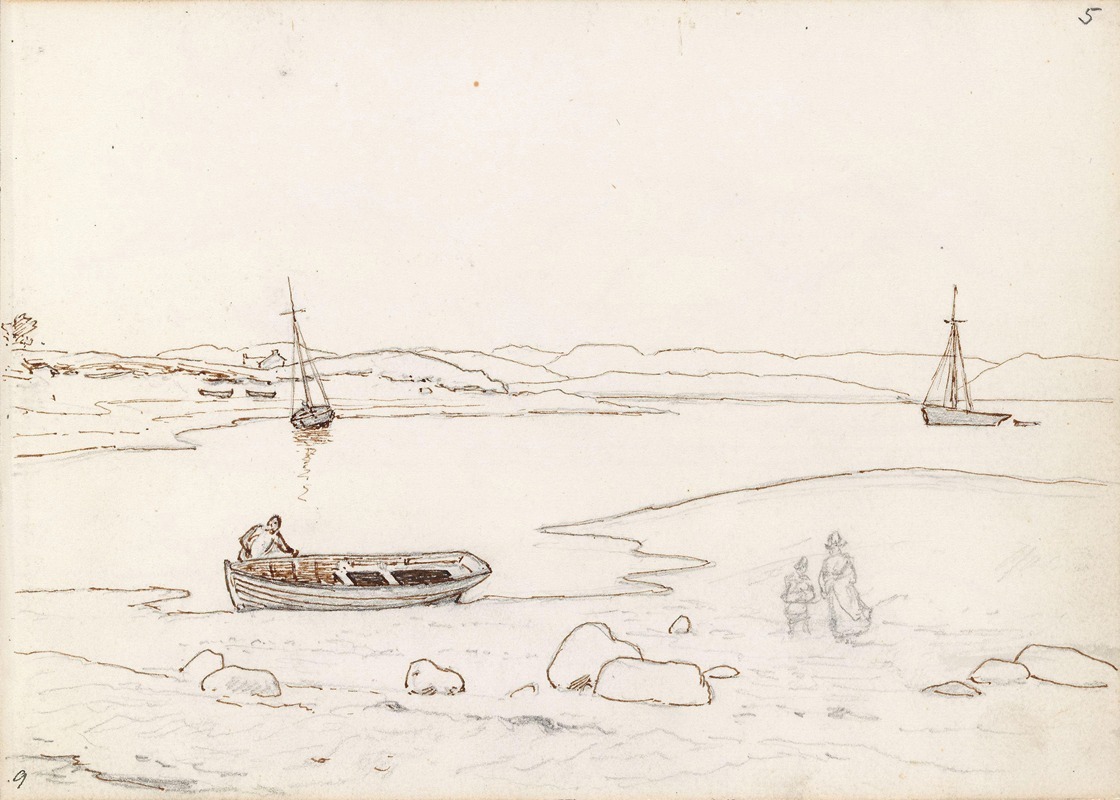 Landskap med båter og mennesker — Hans Gude