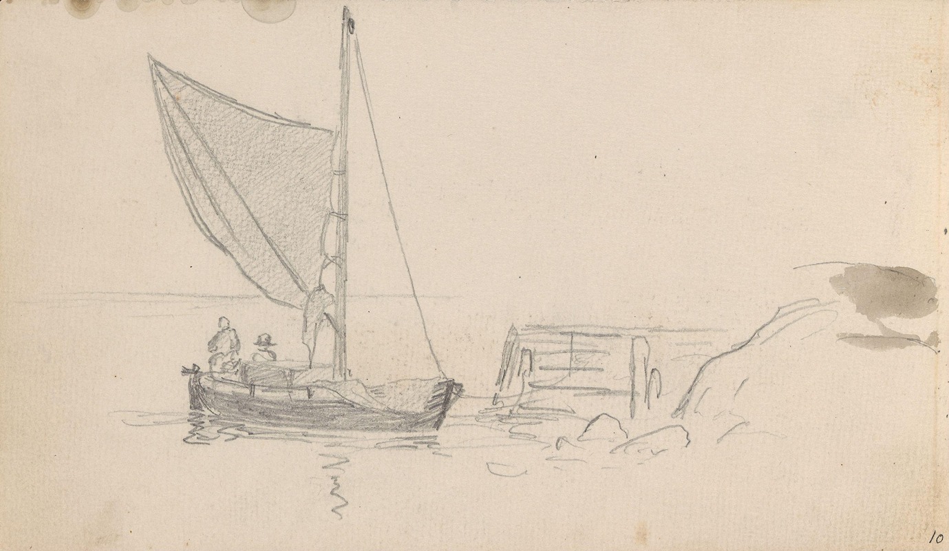 Seilbåt med figurer ved brygge — Hans Gude