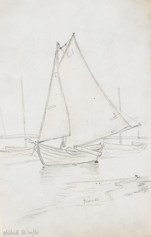 Seilbåt ved stranden, Ahlbeck — Hans Gude