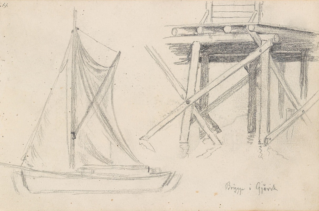 Seilbåt; brygge i Gjøvik — Hans Gude