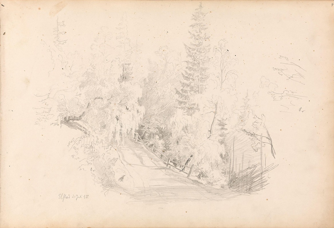Skogsinteriør med vei, Elstad by Hans Gude, 1858 — digital art print download