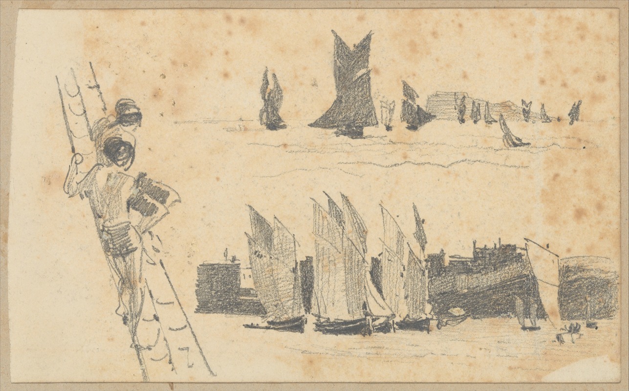 Two Men in Ship's Rigging, Two Scenes with Sailboats — John Singer Sargent