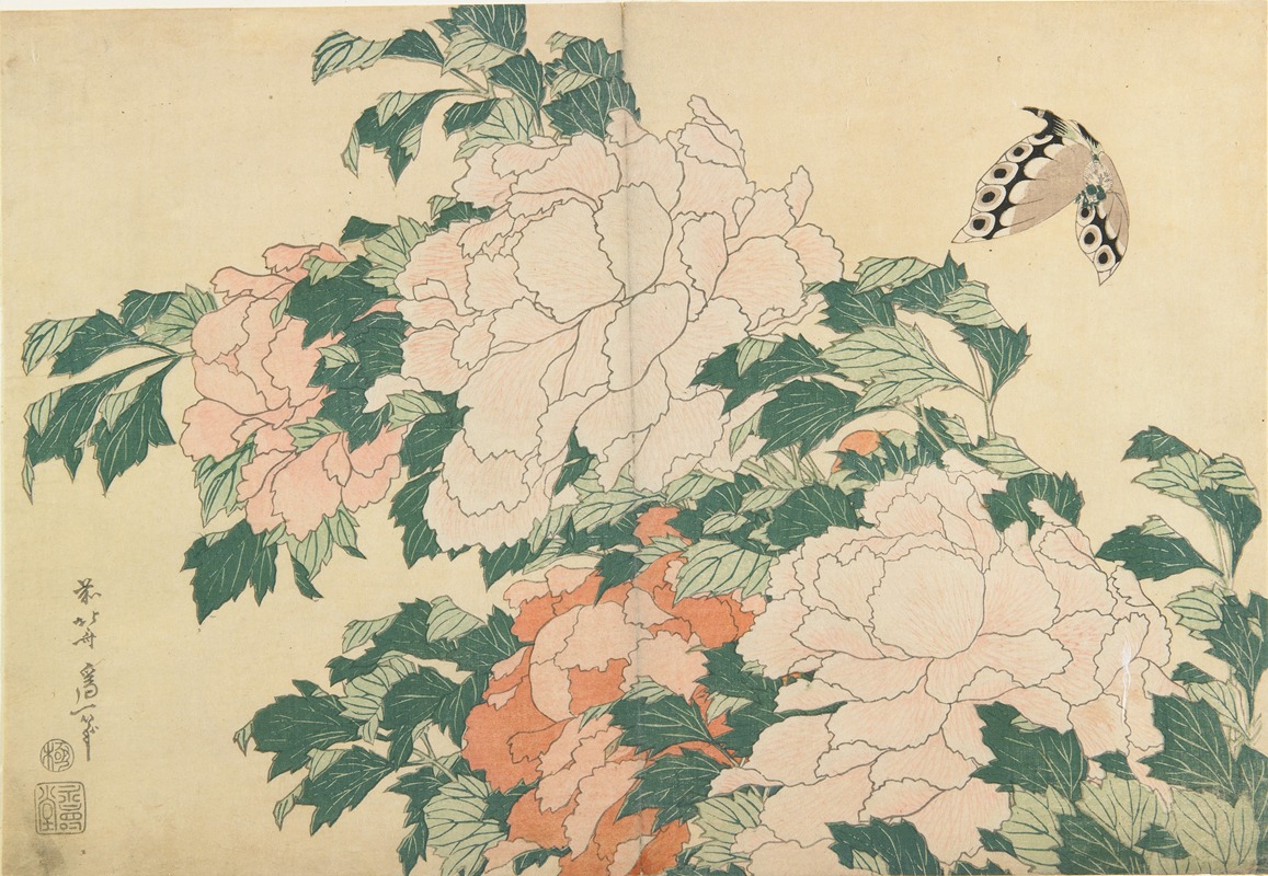 Peonies and Butterfly by Кацусика Хокусай — digital art print download