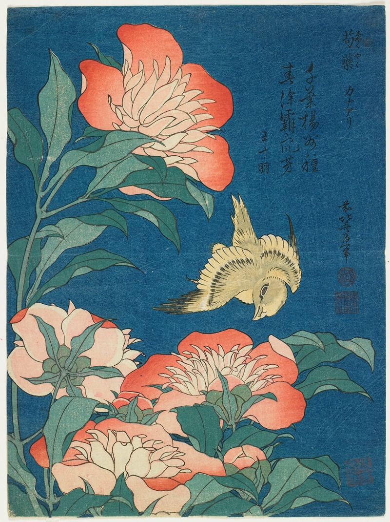 Peonies and Canary by Кацусика Хокусай, c. 1834 — digital art print download