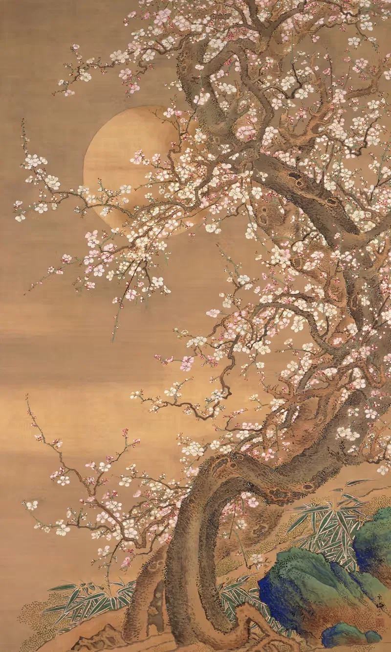 Pink and White Plum Blossoms in Moonlight — So Shizan