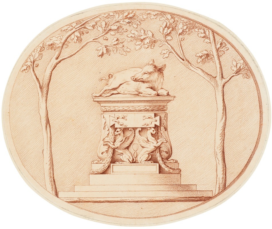 A boar on a sacrifical altar, flanked by trees — Edmé Bouchardon