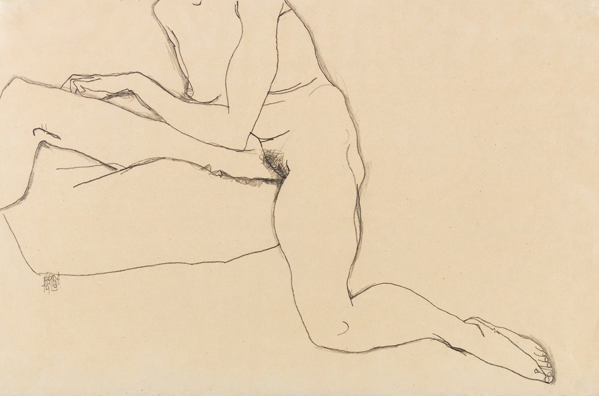 Sitzendes Mädchen mit ausgestrecktem Arm und Bein by Эгон Шиле, 1913 — digital art print download
