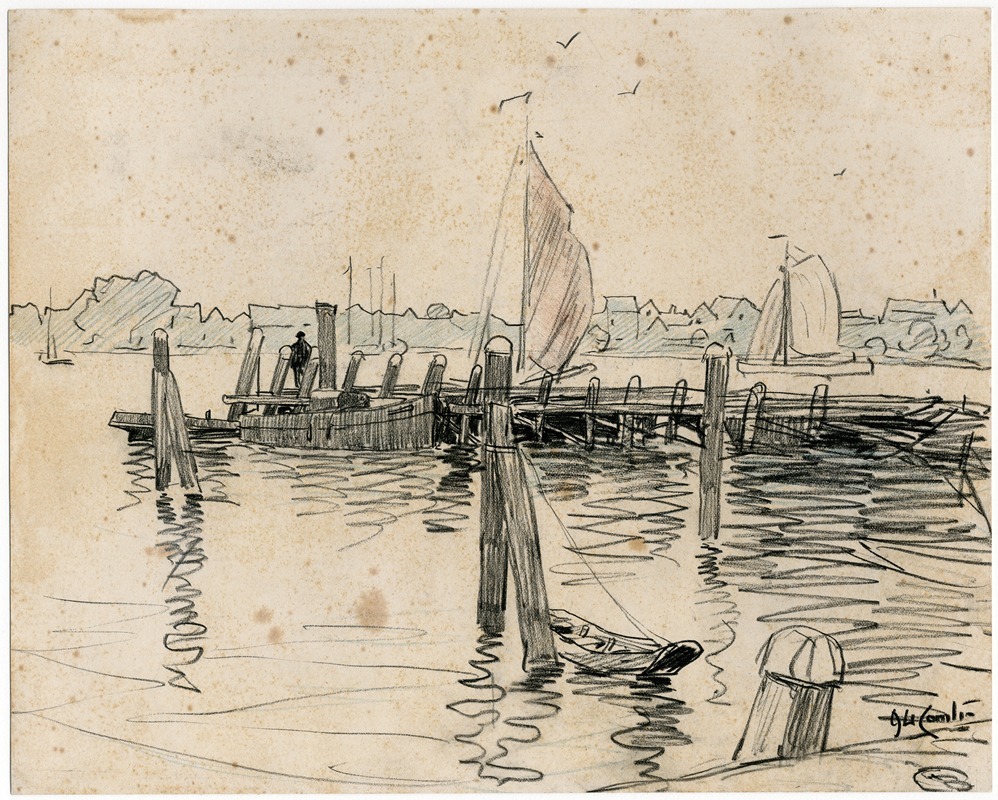 Dorp aan rivier met aanlegsteiger — Adolf le Comte