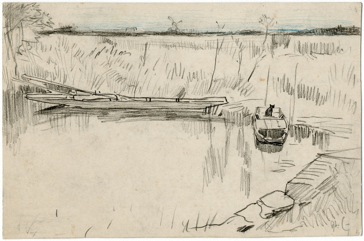 Meer met roeiboot en poes — Adolf le Comte