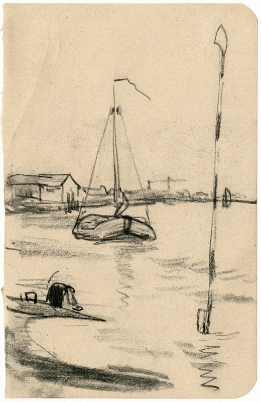 Zeilboot aan oever van een meer — Adolf le Comte