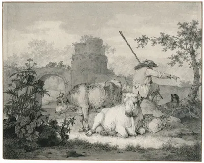 Shepherd with cattle in front of ruins by Barend Hendrik Thier — digital art print download