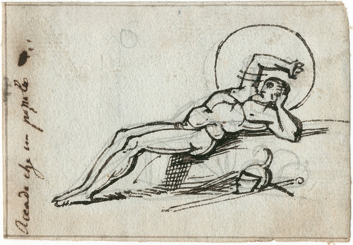 Achteroverliggende (rustende) krijger, met wapenrusting — David Humbert de Superville